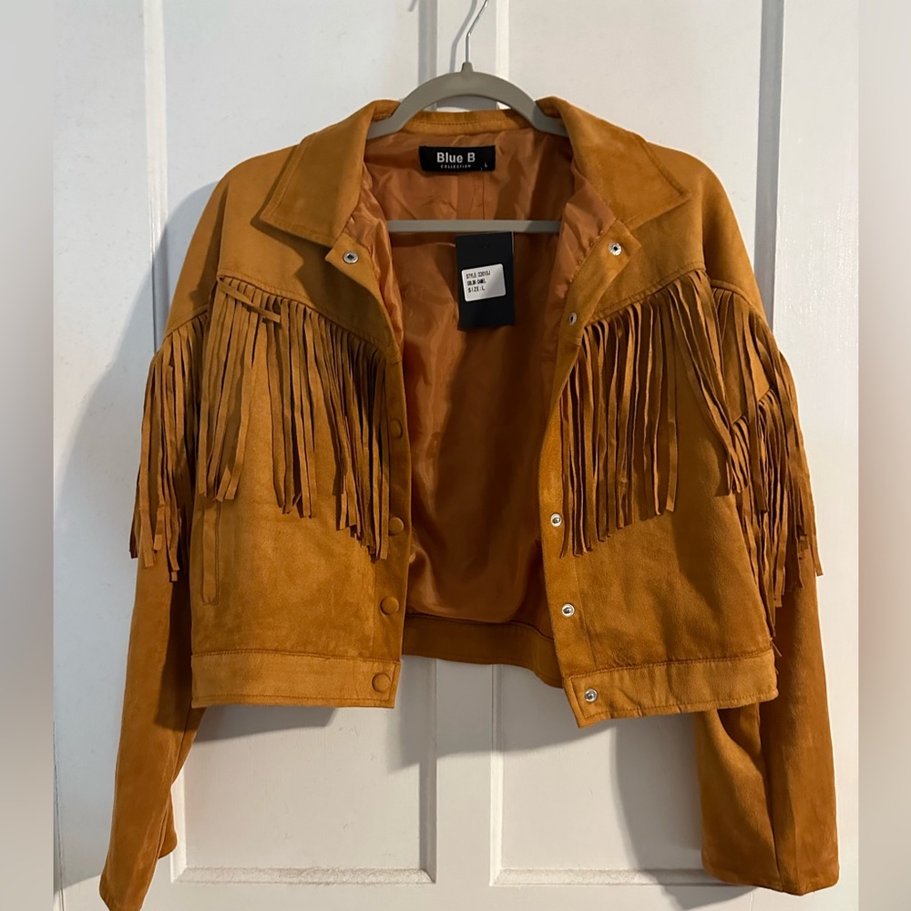 NWT Camel faux suede fringe jacket size L